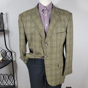 J.Riggings Men's Sport Coat Blazer Three Button Tan‎ Silk Wool Plaid Size 42R